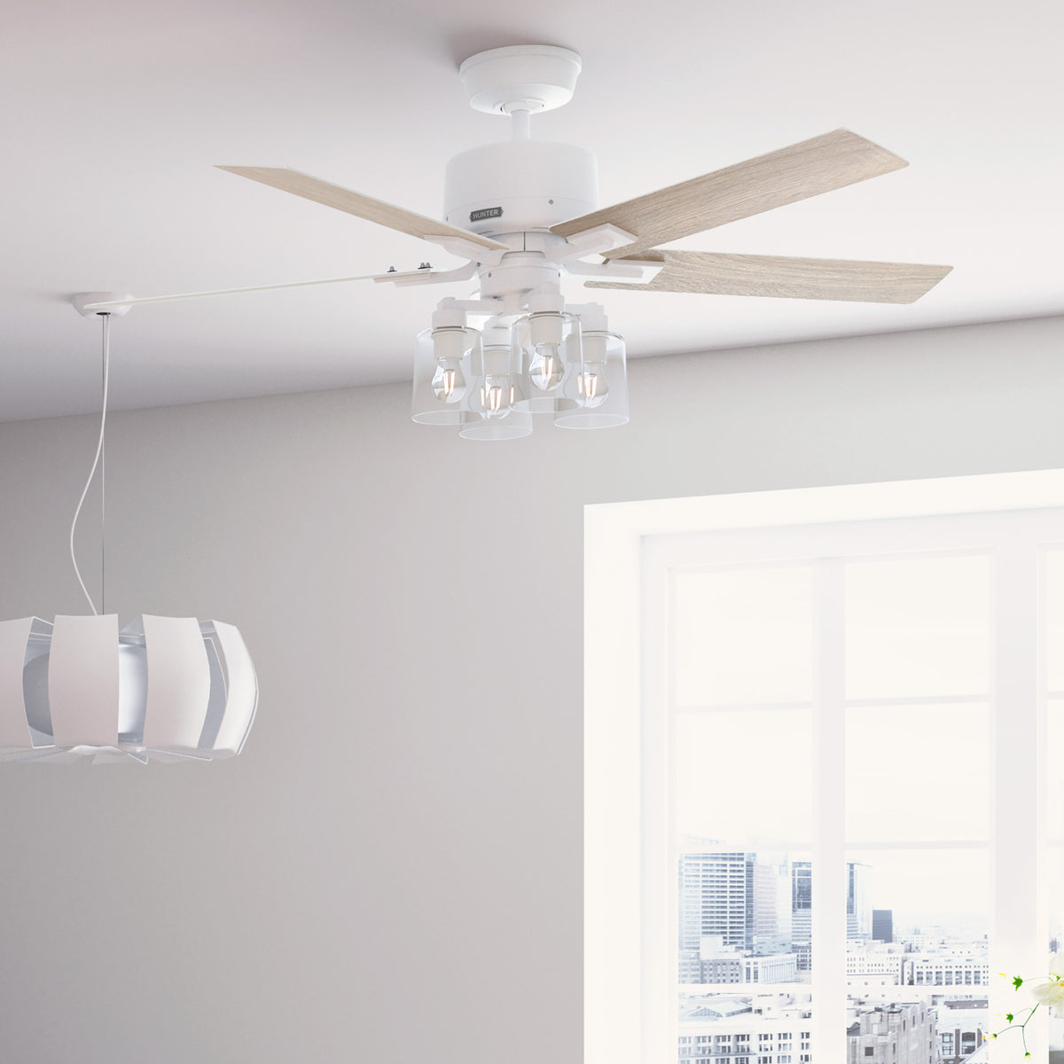52 inch Techne Wi-Fi HunterExpress Matte White Ceiling Fan with LED Light Kit and Handheld Remote