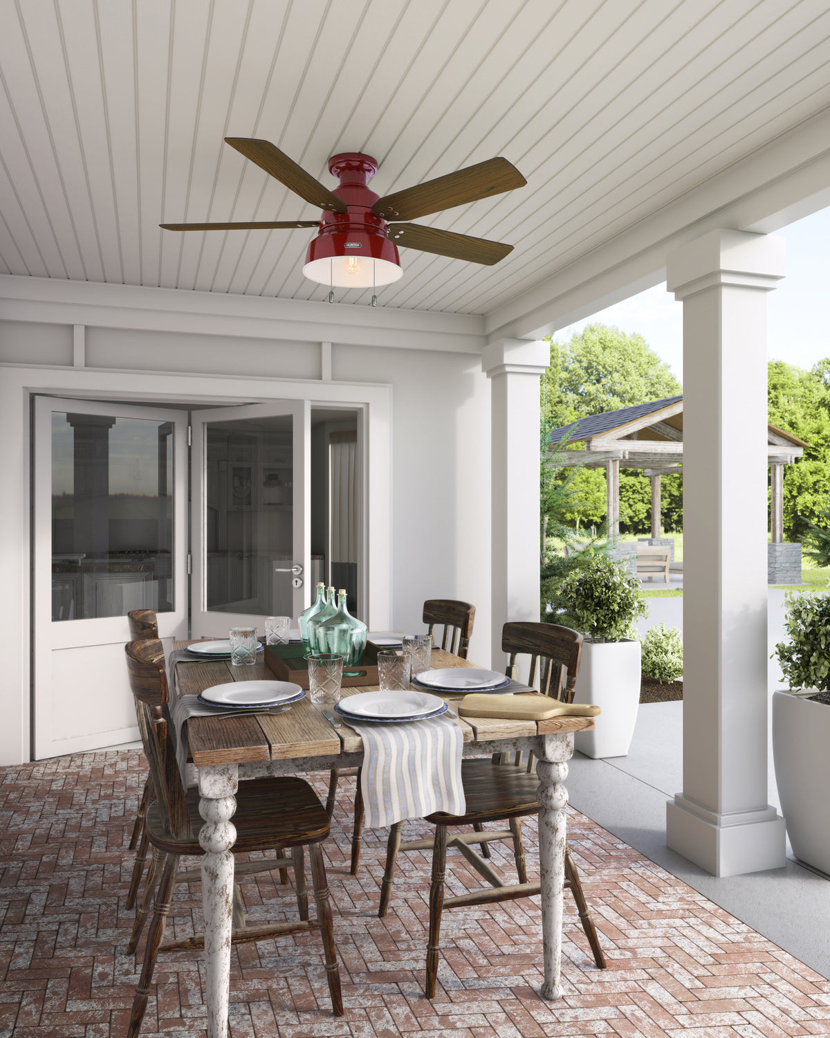 52 inch Mill Valley Barn Red Low Profile Damp Rated Ceiling Fan with LED Light Kit and Pull Chain