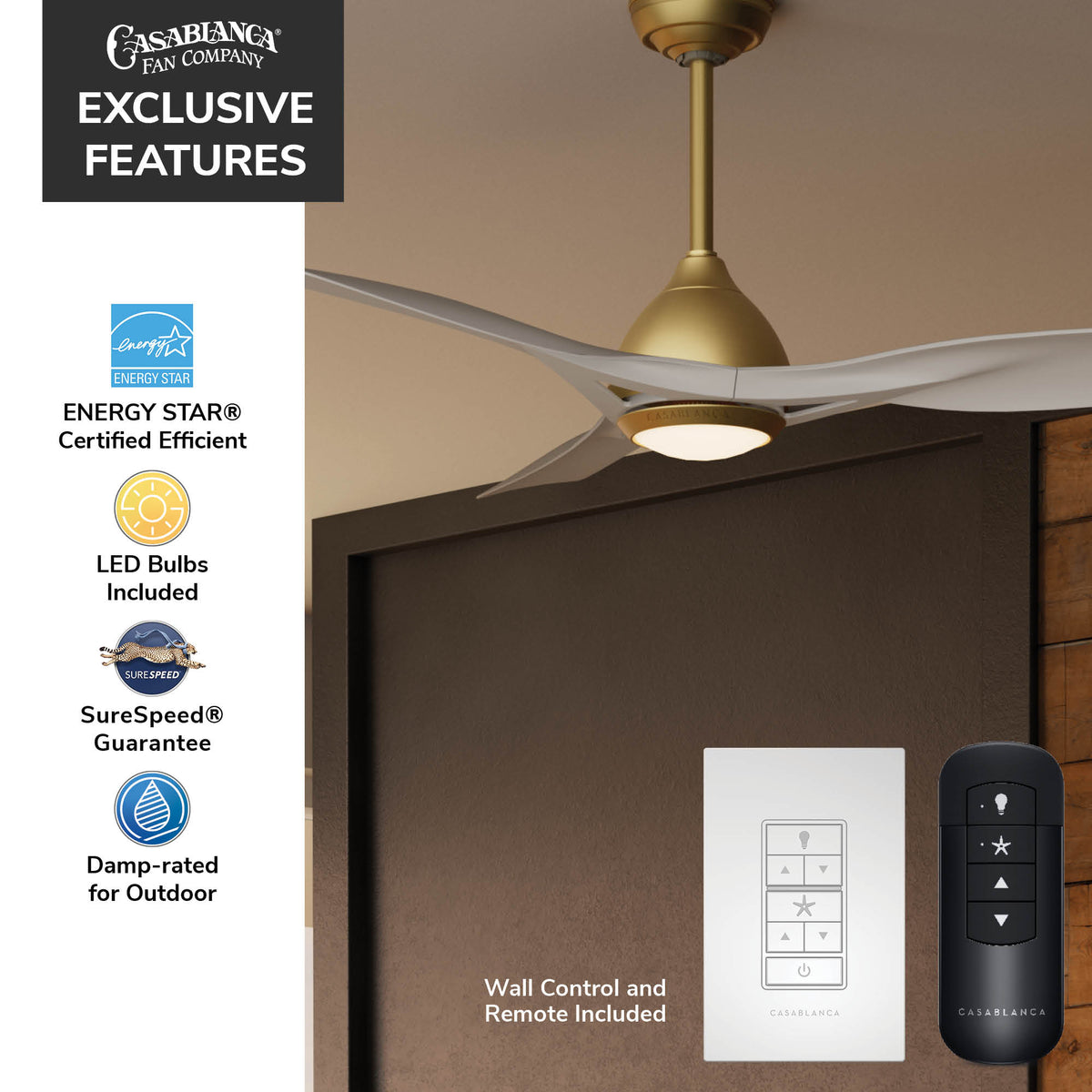 Casablanca 54 inch Elise ENERGY STAR® Alturas Gold Damp Rated Ceiling Fan with LED Light Kit and Wall Control and Handheld Remote