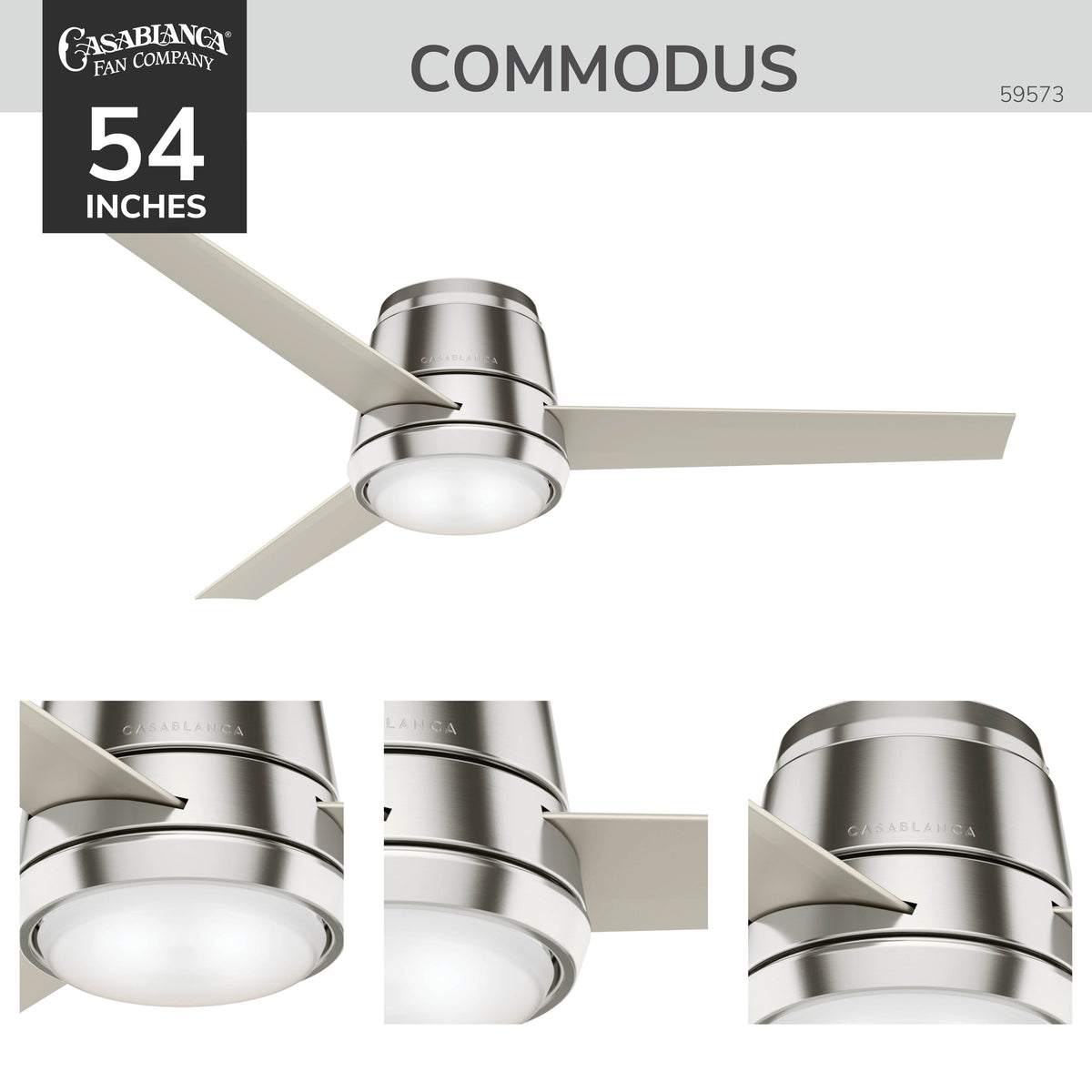 Casablanca 54 inch Commodus Brushed Nickel Low Profile Ceiling Fan with LED Light Kit and Wall Control