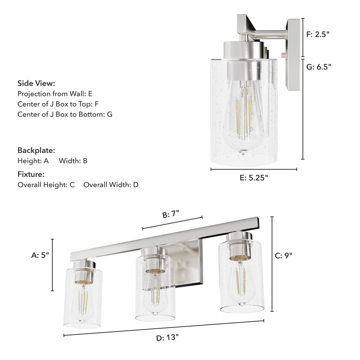 Hartland 22-inch 3-light Brushed Nickel Vanity Light with Seeded Glass