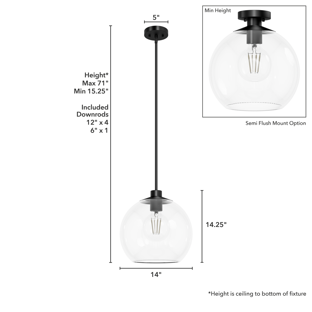 Xidane 14-inch 1-light Matte Black Globe Pendant with Clear Glass