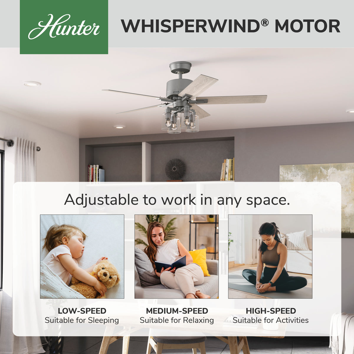 52 inch Techne Wi-Fi HunterExpress Matte Silver Ceiling Fan with LED Light Kit and Handheld Remote