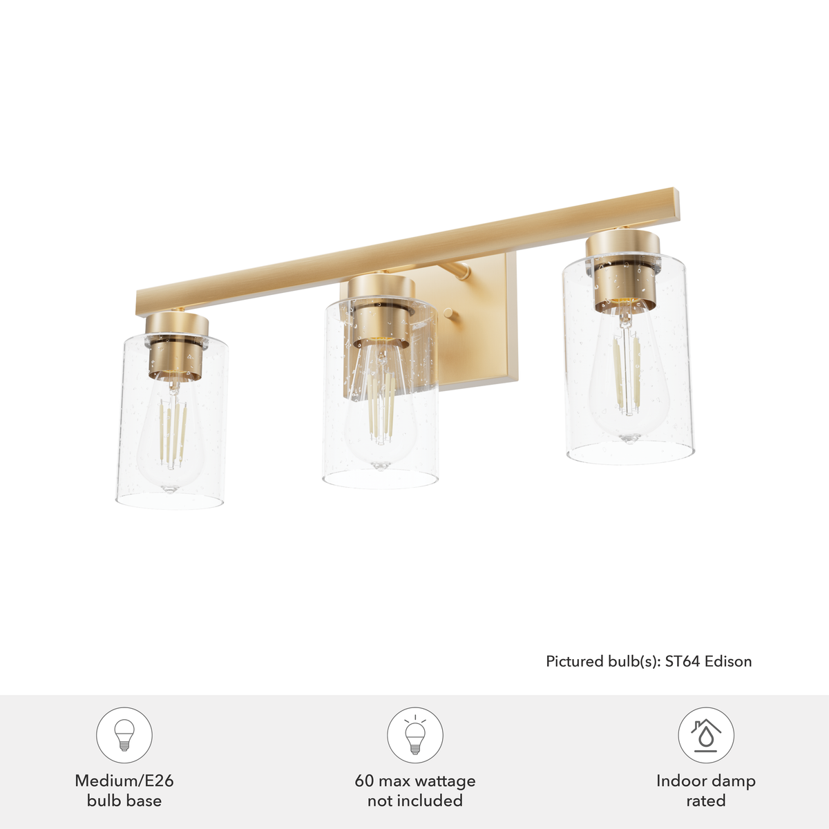 Hartland 22-inch 3-light Alturas Gold Vanity Light with Seeded Glass