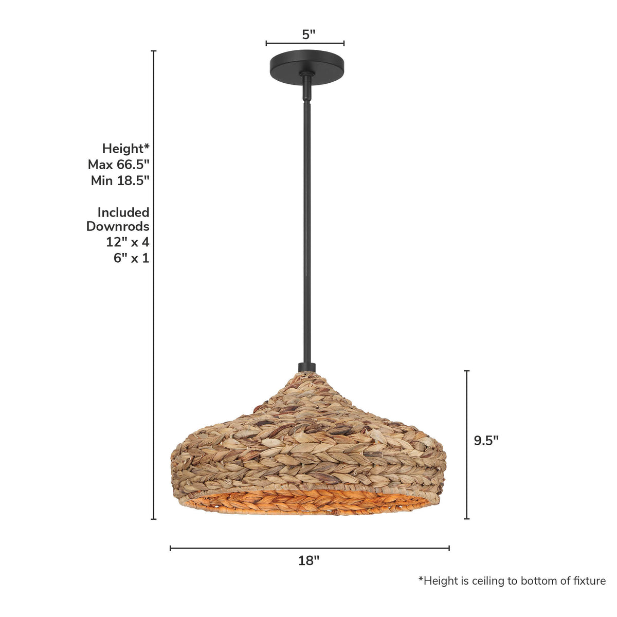 Cambria 18-inch 1-light Matte Black Pendant with Natural Seagrass Shade