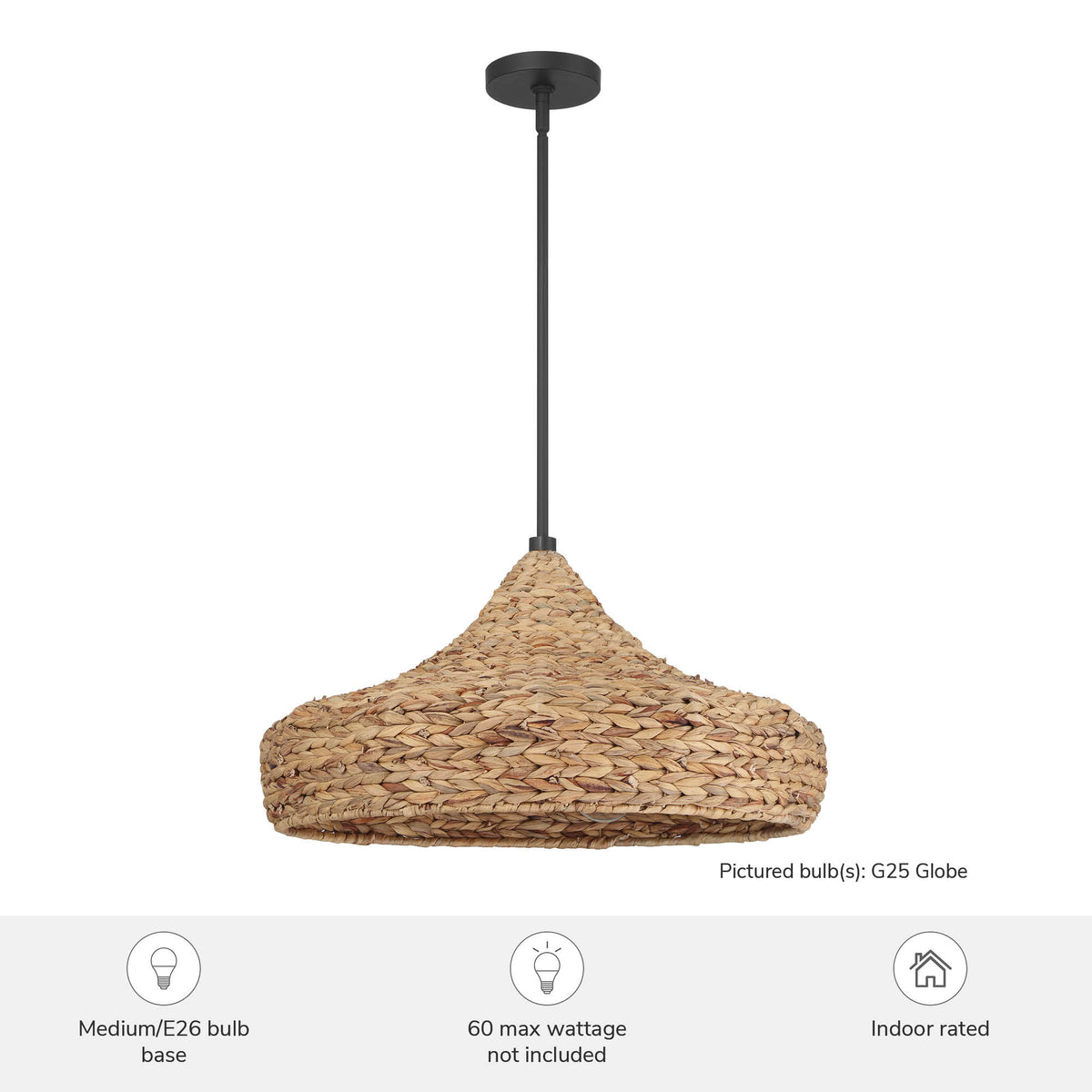 Cambria 24-inch 3-light Matte Black Pendant with Natural Seagrass Shade Martini Design