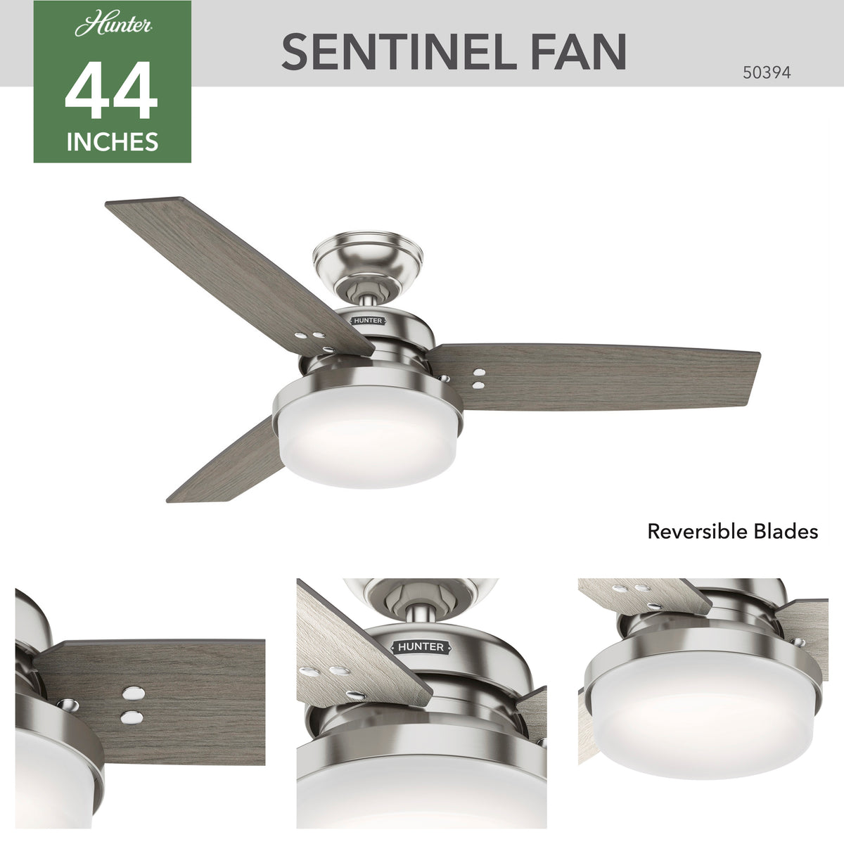 44 inch Sentinel Brushed Nickel Ceiling Fan with LED Light Kit and Handheld Remote