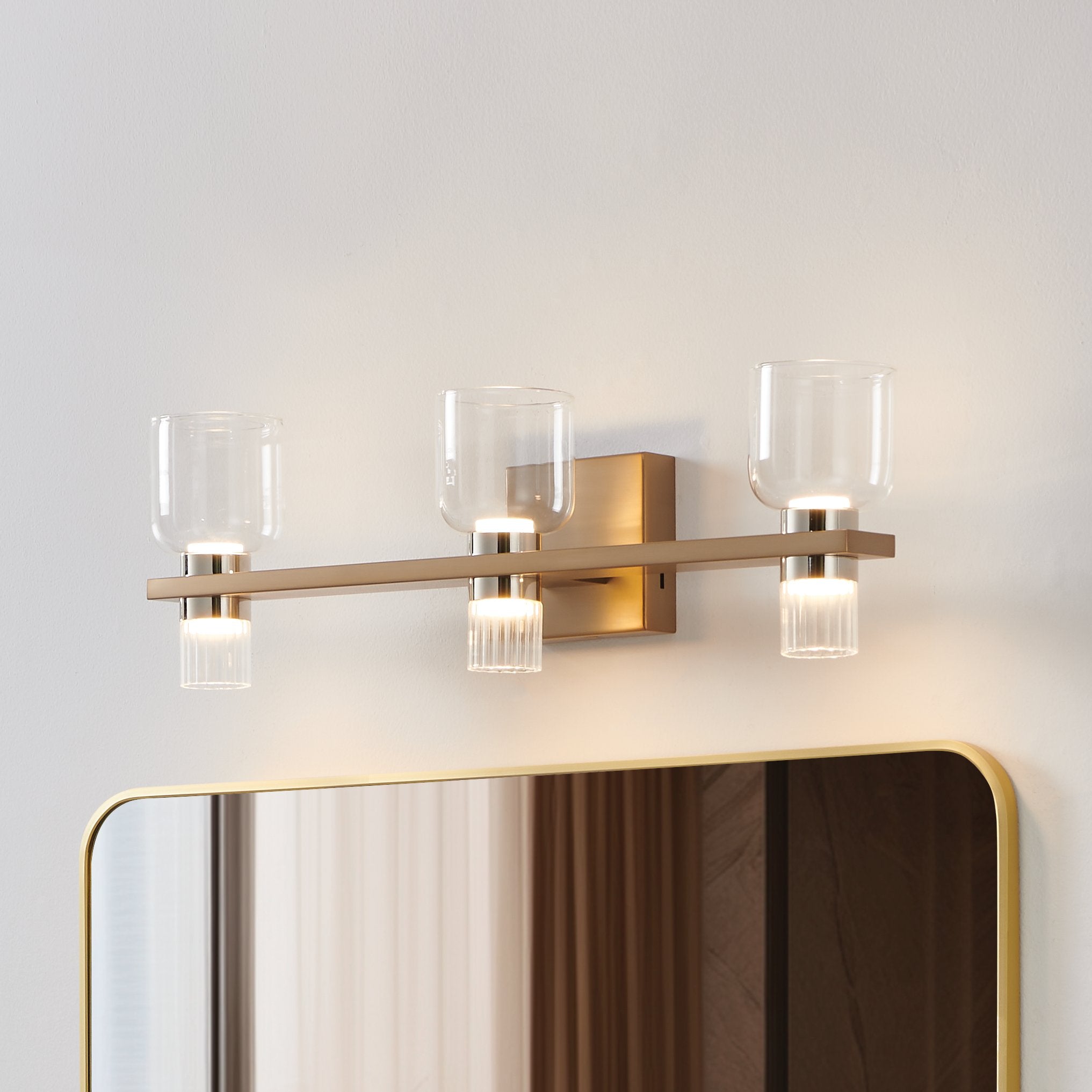 Amelia 24-inch 6-light Champagne Gold and Polished Nickel 5CCT LED Vanity Light with Clear and Clear Ribbed Glass