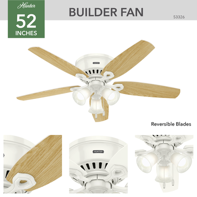 52 inch Builder Snow White Low Profile Ceiling Fan with LED Light Kit and Pull Chain
