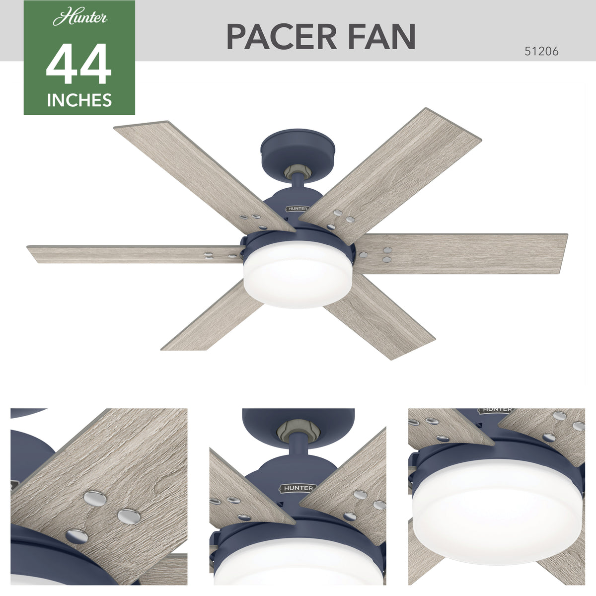 44 inch Pacer Indigo Blue Ceiling Fan with LED Light Kit and Handheld Remote