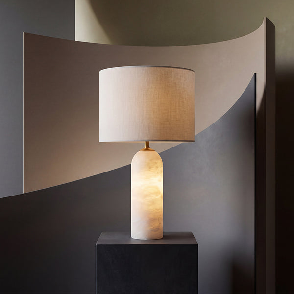 Firma 2 light linen table lamp with Spanish alabaster base and white linen shade, 16.5 inch, from Modern Lights