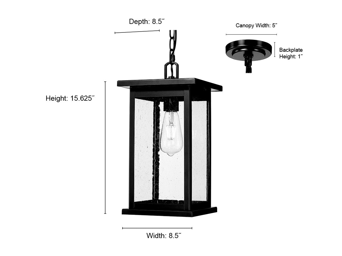 15.63-inch Bowton Powder Coated Black 1-Light Clear Seeded Glass Outdoor Hanging Lantern
