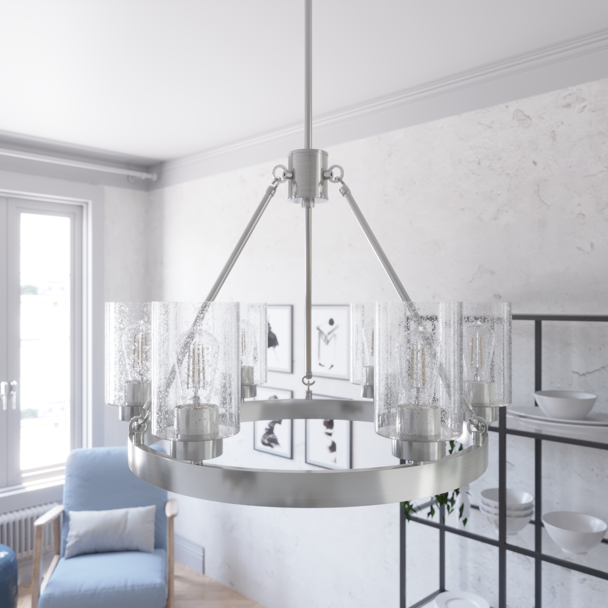 Hartland 24-inch 6-light Brushed Nickel Chandelier with Seeded Glass