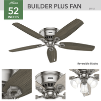 52 inch Builder Brushed Nickel Low Profile Ceiling Fan with LED Light Kit