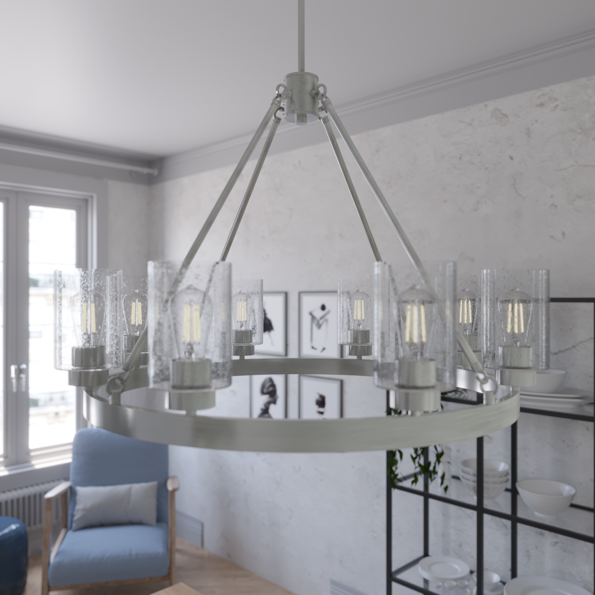 Hartland 32-inch 8-light Brushed Nickel Chandelier with Seeded Glass