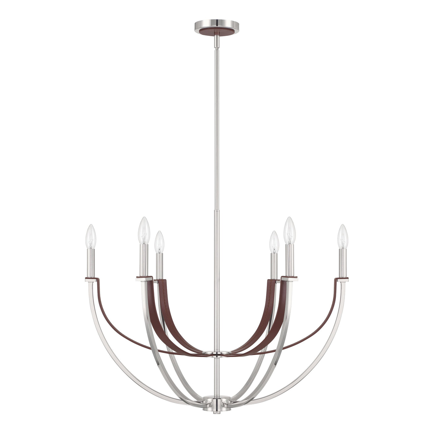 Sussex 29-inch 6-light Polished Nickel and Dark Brown Faux Leather Chandelier