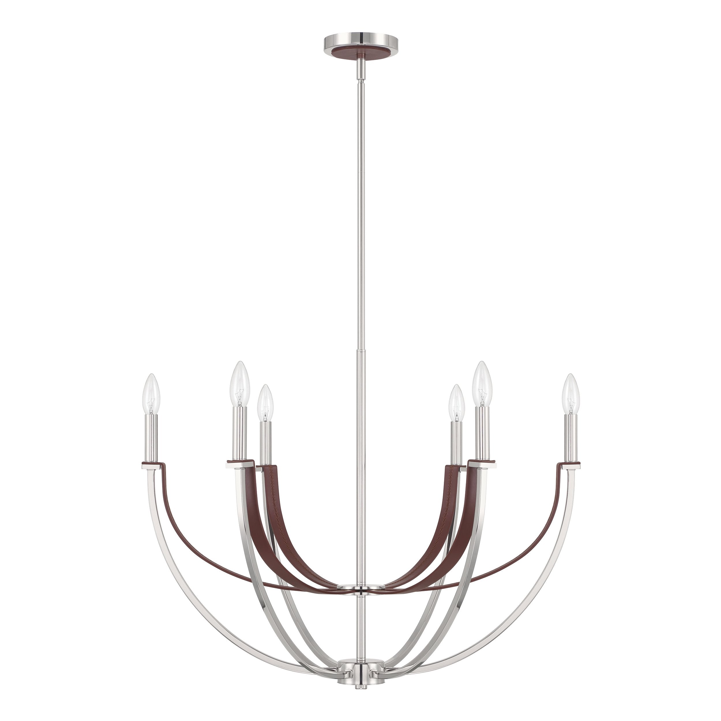 Sussex 29-inch 6-light Polished Nickel and Dark Brown Faux Leather Chandelier
