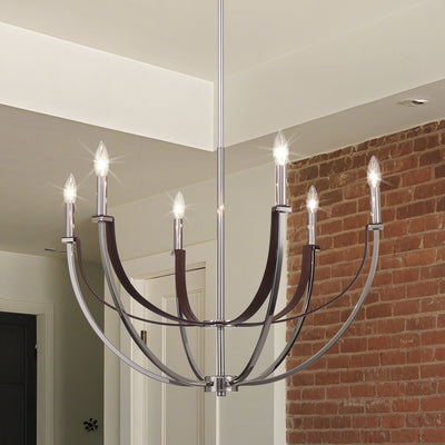 Sussex 29-inch 6-light Polished Nickel and Dark Brown Faux Leather Chandelier