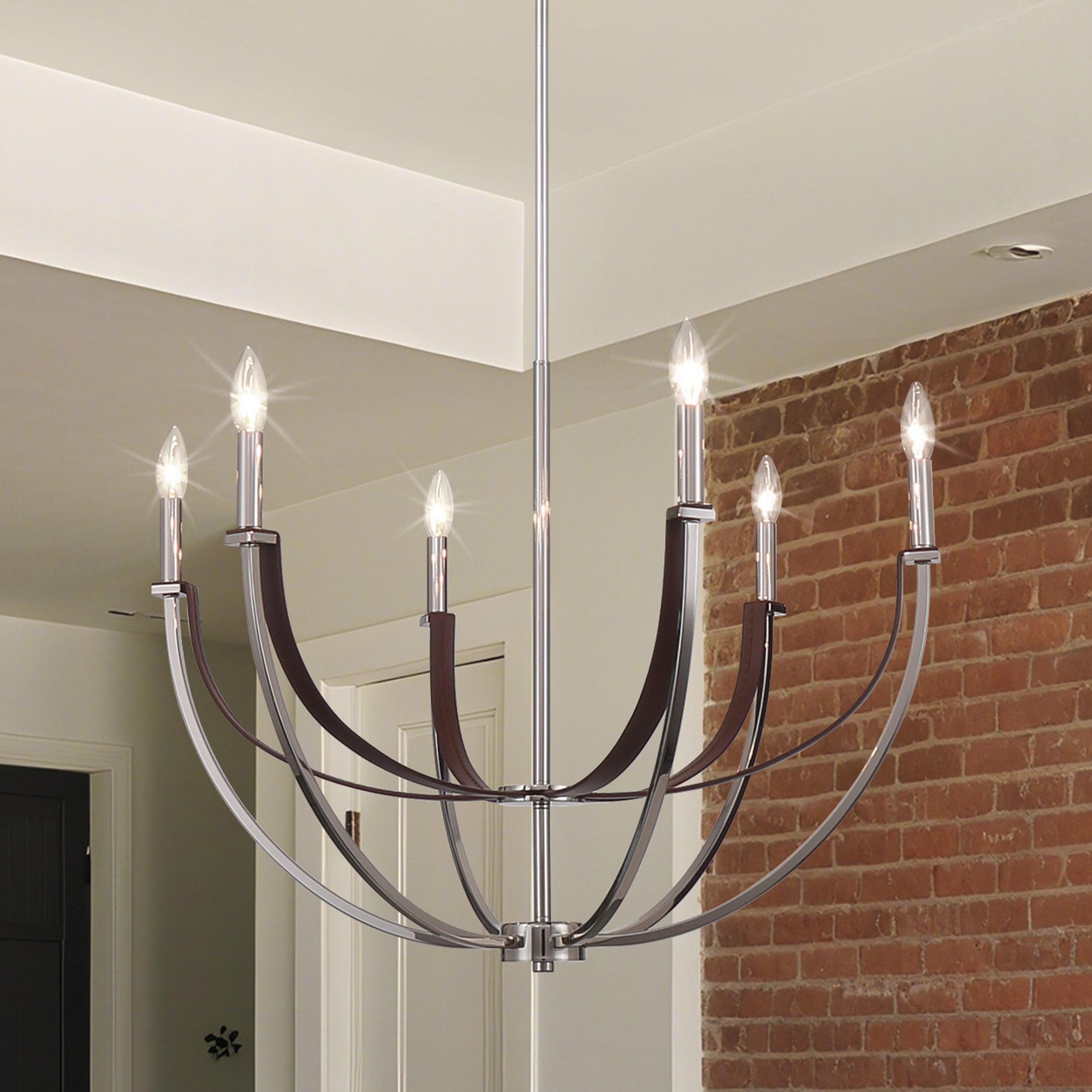 Sussex 29-inch 6-light Polished Nickel and Dark Brown Faux Leather Chandelier