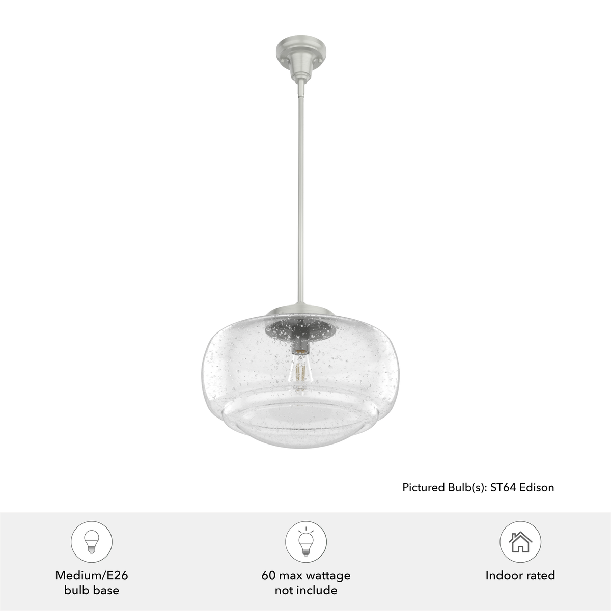 Saddle Creek 16-inch 1-light Brushed Nickel Schoolhouse Pendant with Seeded Glass