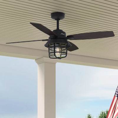 52 inch Port Royale Natural Black Iron Damp Rated Ceiling Fan with LED Light Kit and Handheld Remote