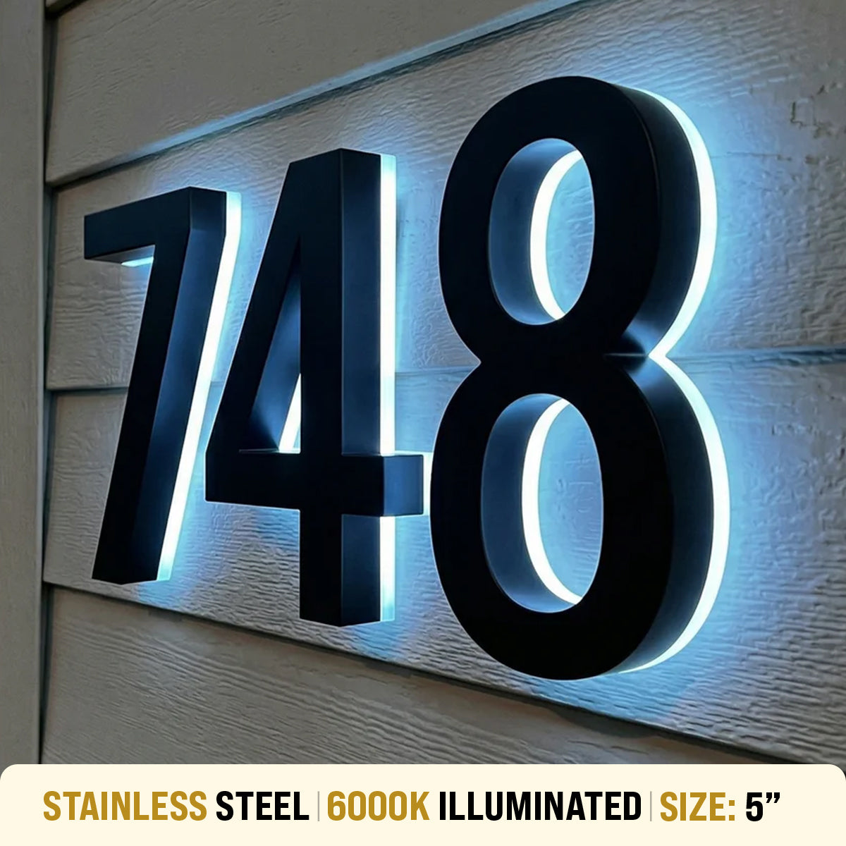 5 inch backlit house numbers - 6000k Stainless Steel - Waterproof