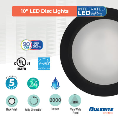 10-inch Black 25W Dimmable LED Disc Downlight, 3000K, 2000 Lumens