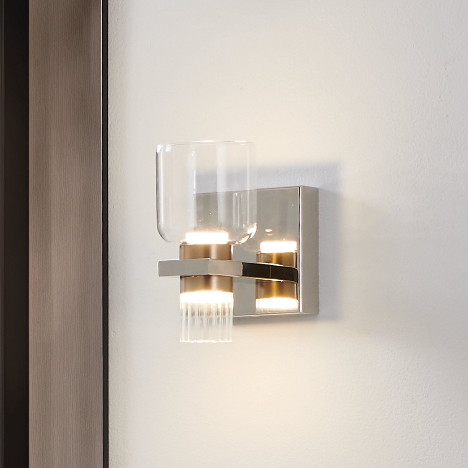 Amelia 4-inch 2-light Polished Nickel and Champagne Gold 5CCT LED Vanity Light with Clear and Clear Ribbed Glass