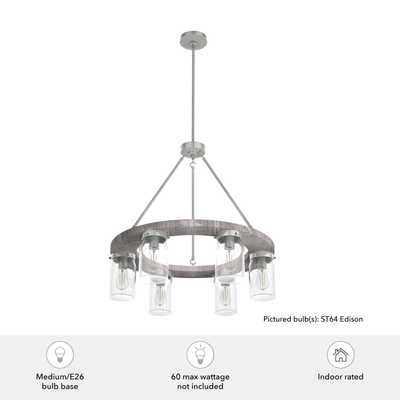 Devon Park 26.5-inch 6-light Brushed Nickel and Grey Wood Chandelier with Clear Glass