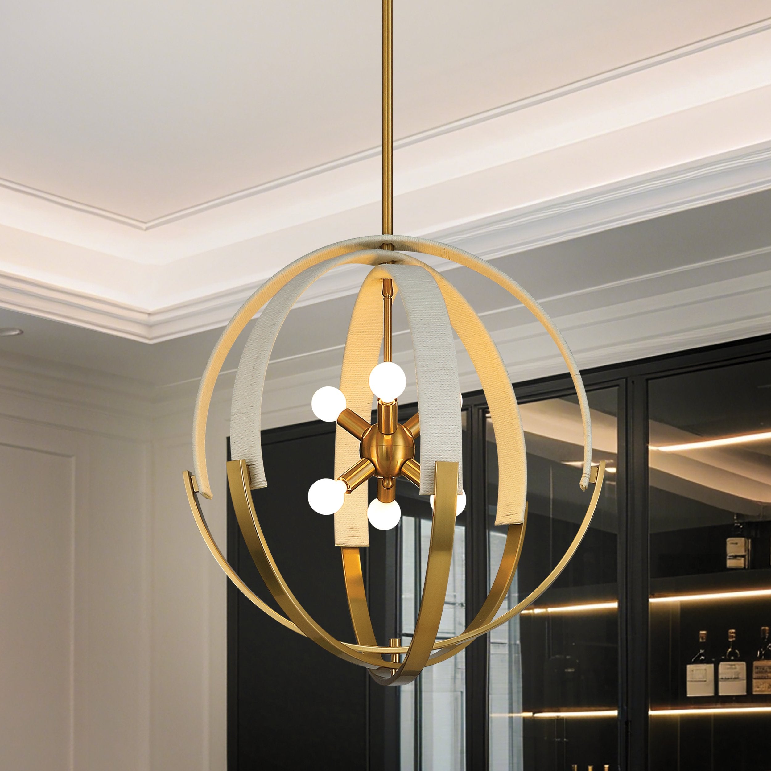 Abbey 23-inch 6-light Brass and Cream Cotton Rope Chandelier