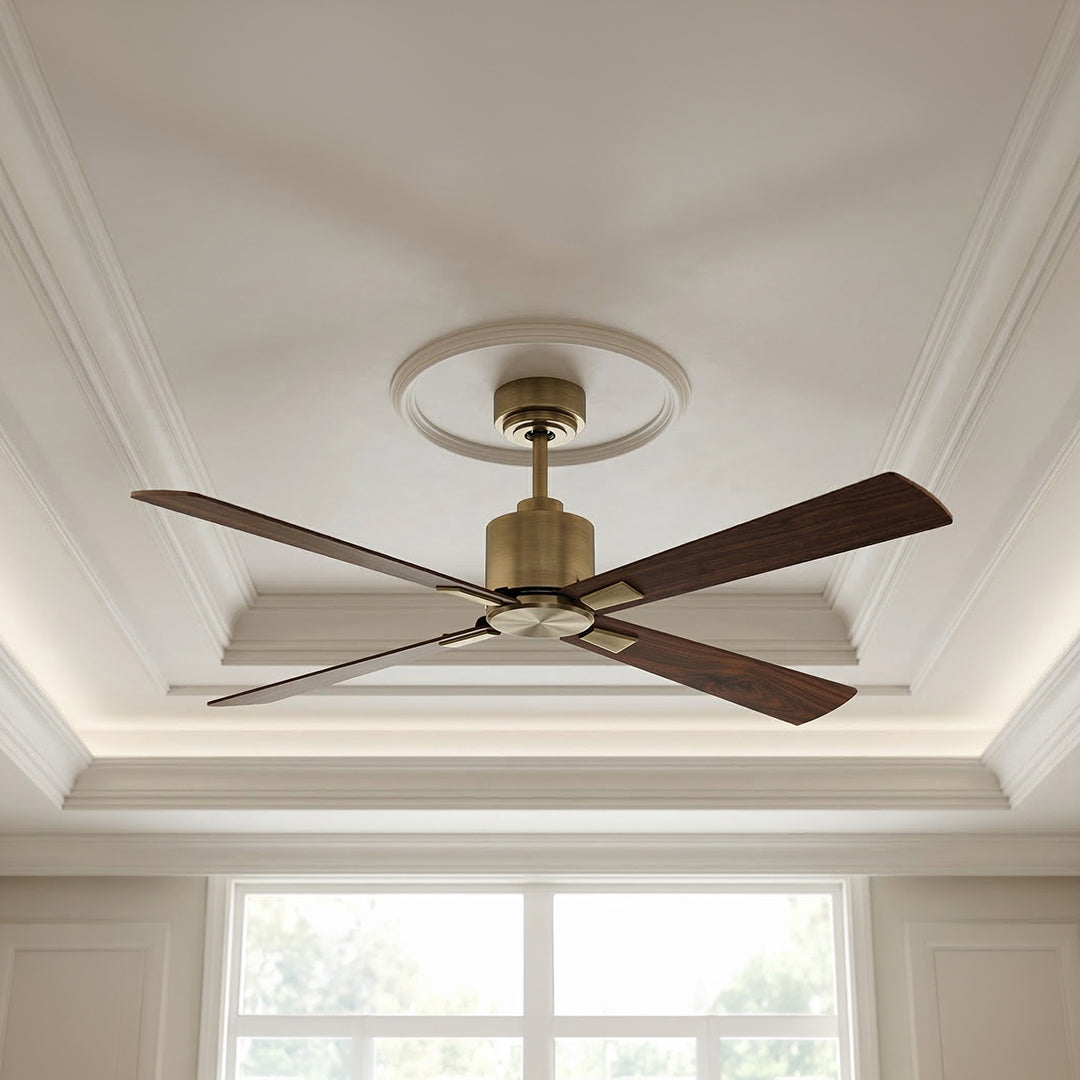 52 Inch DC Brass Fan in Antique Brass with Walnut Blades