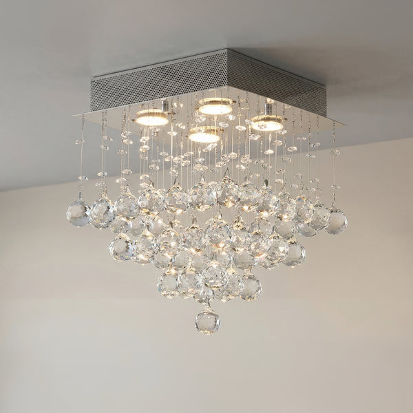 Square 4 light chrome chandelier with clear crystal strands and faceted ball tips