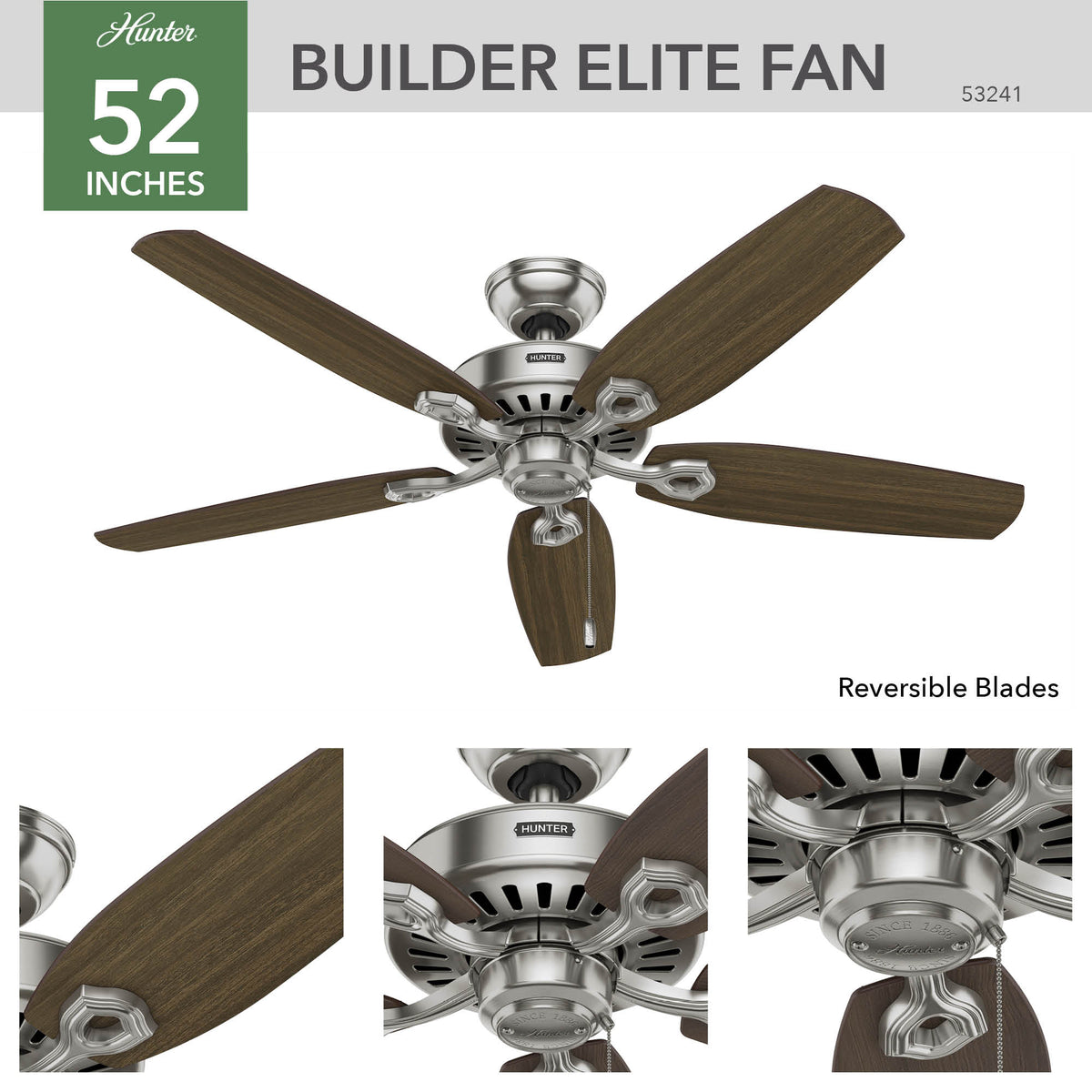 52 inch Builder Brushed Nickel Ceiling Fan and Pull Chain