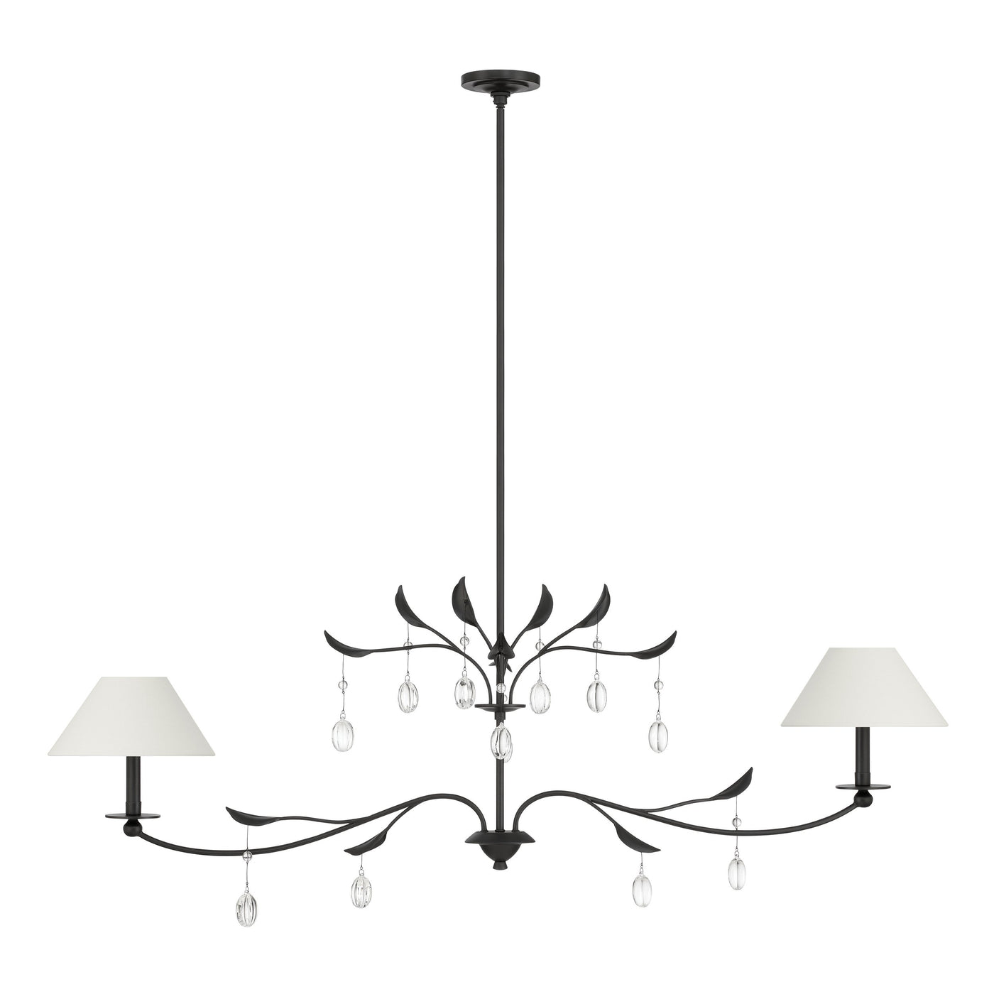 Presley 56-inch 2-light Textured Black Linear Chandelier with Clear Glass Drops and White Linen Shades