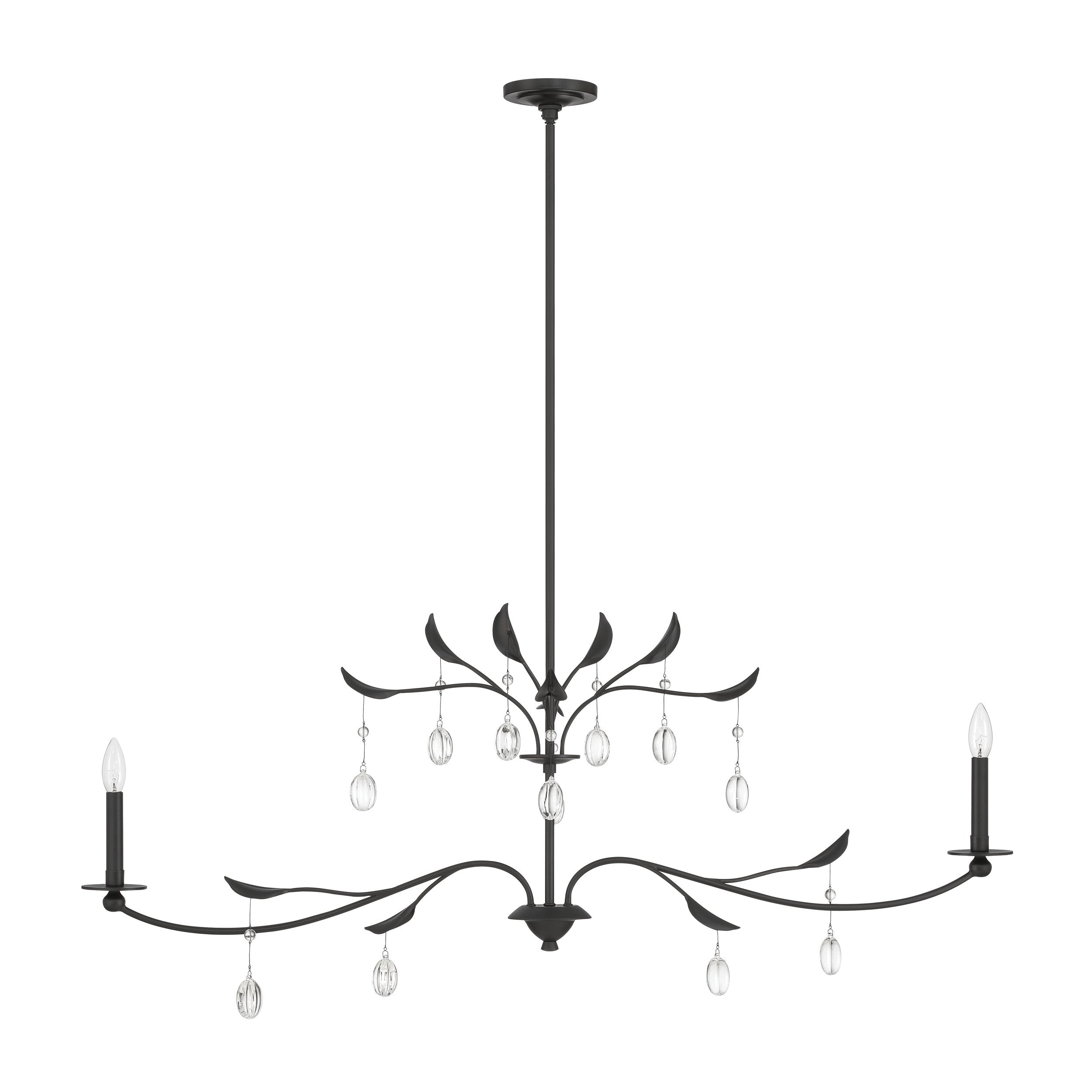 Presley 56-inch 2-light Textured Black Linear Chandelier with Clear Glass Drops and White Linen Shades