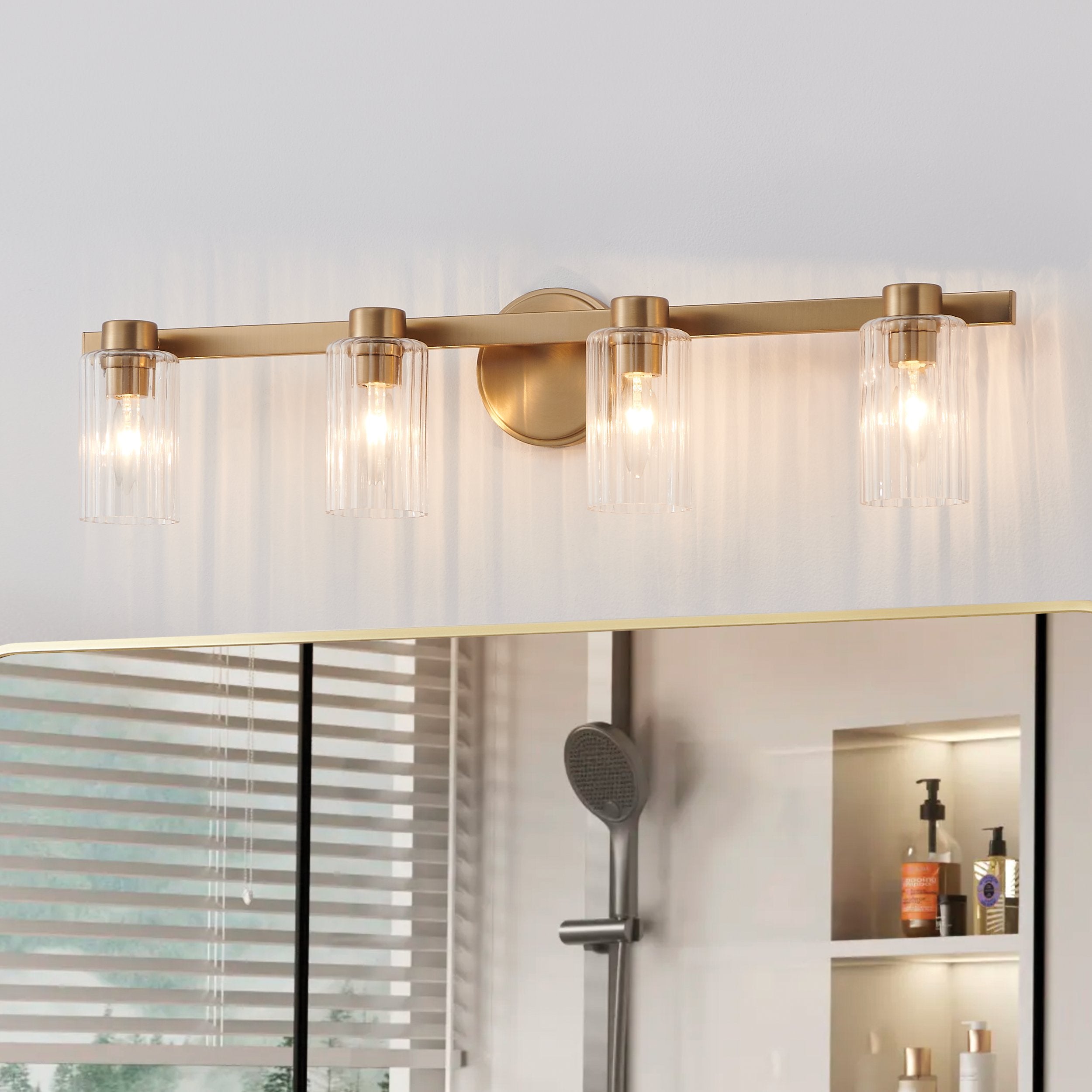 Bedminster 30-inch 4-light Champagne Gold Vanity Light with Clear Ribbed Glass Shades