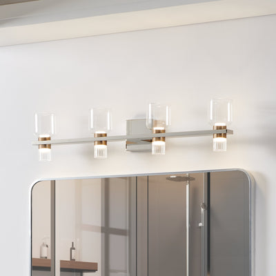 Amelia 34-inch 8-light Polished Nickel and Champagne Gold 5CCT LED Vanity Light with Clear and Clear Ribbed Glass