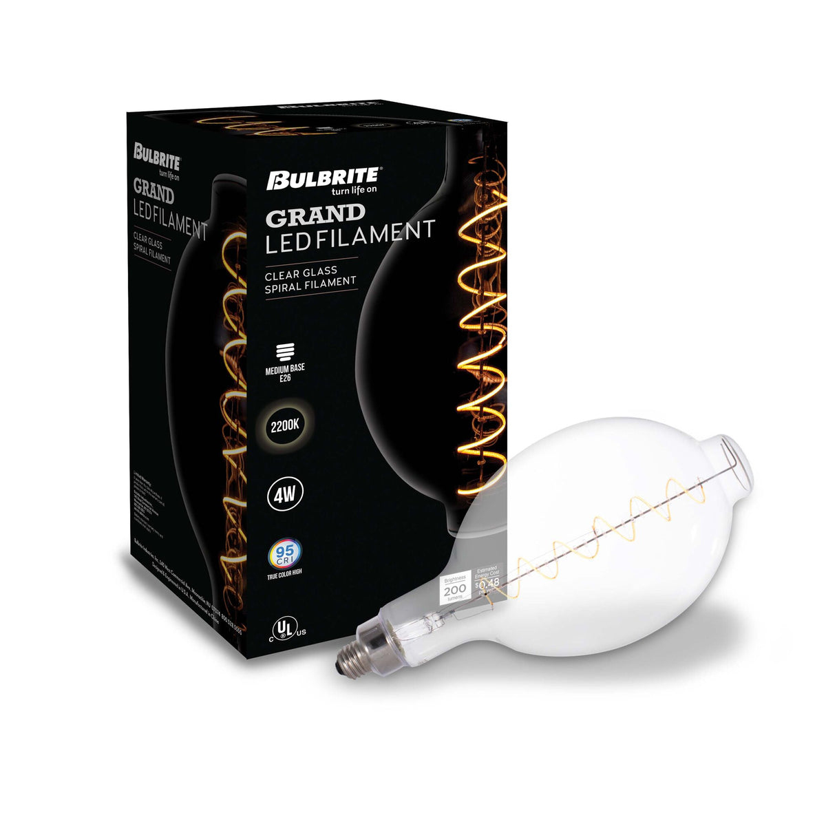 Grands BT56 4W Dimmable Clear Filament LED Light Bulb with E26 Base, 2200K, 190 Lumens