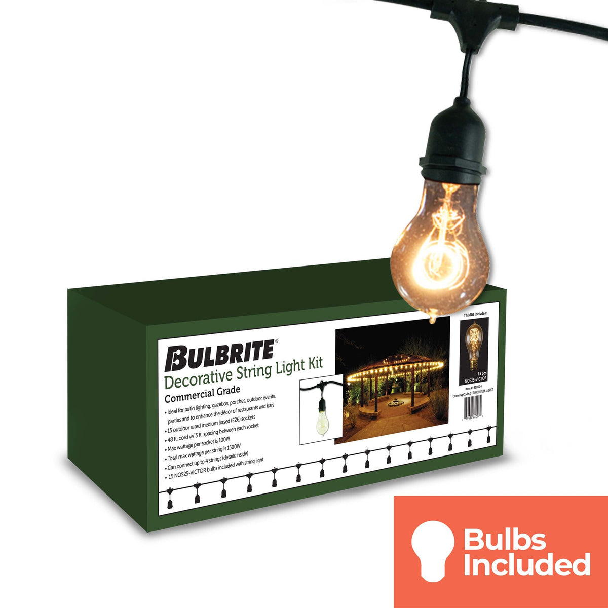 48-foot A19 Incandescent String Light Kit with 15 Sockets, 2200K, 2-Pack