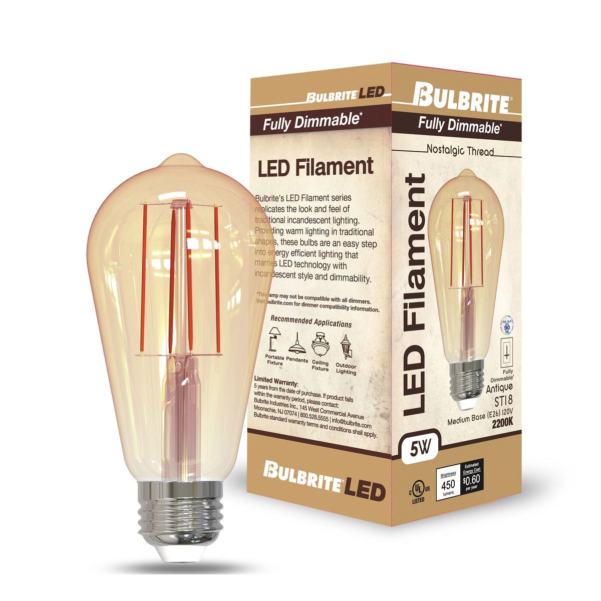 ST18 5W Dimmable Antique Filament LED Light Bulb with E26 Base, 2200K, 450 Lumens, 2-Pack