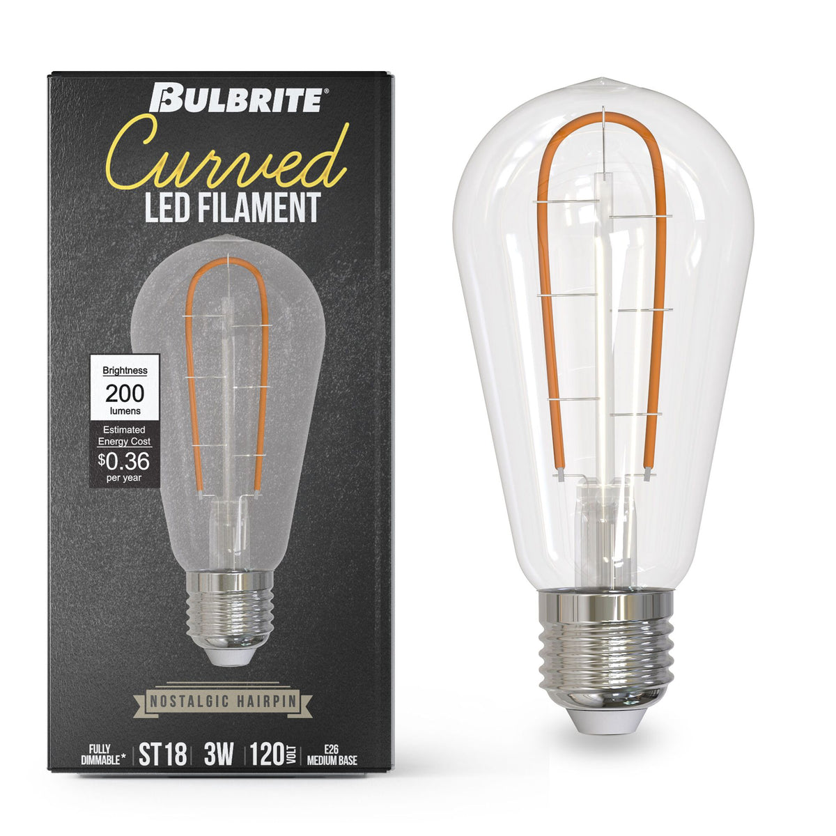 ST18 3W Dimmable Filament LED Light Bulb with E26 Base, 2100K, 230 Lumens, 2-Pack