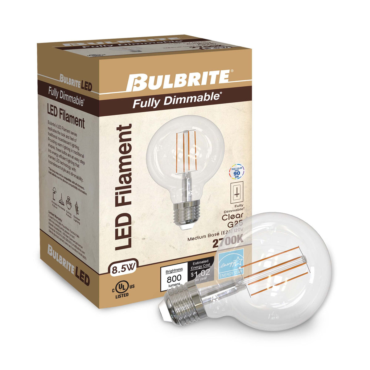 G25 8.5W Dimmable Clear Filament LED Light Bulb with E26 Base, 2700K, 800 Lumens, 4-Pack
