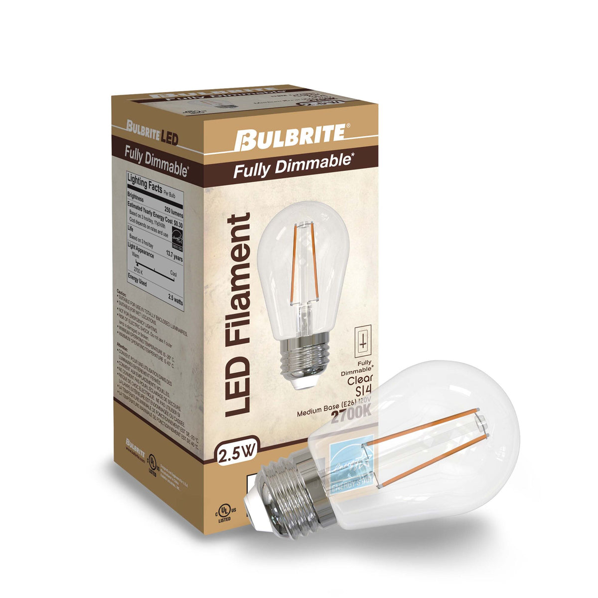S14 2.5W Dimmable Clear Filament LED Light Bulb with E26 Base, 2700K, 250 Lumens, 4-Pack