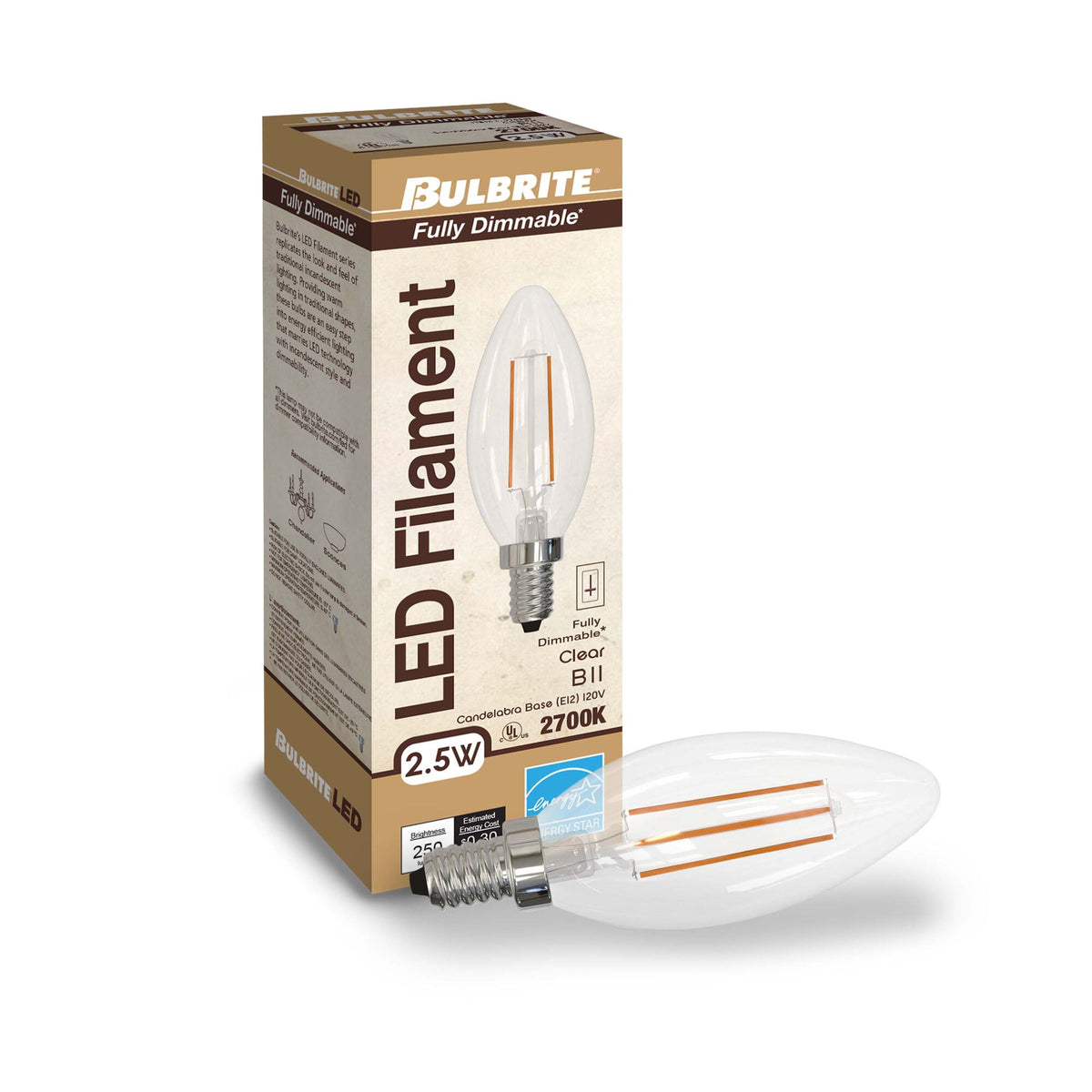 B11 2.5W Dimmable Clear Filament LED Light Bulb with E12 Base, 2700K, 250 Lumens, 6-Pack