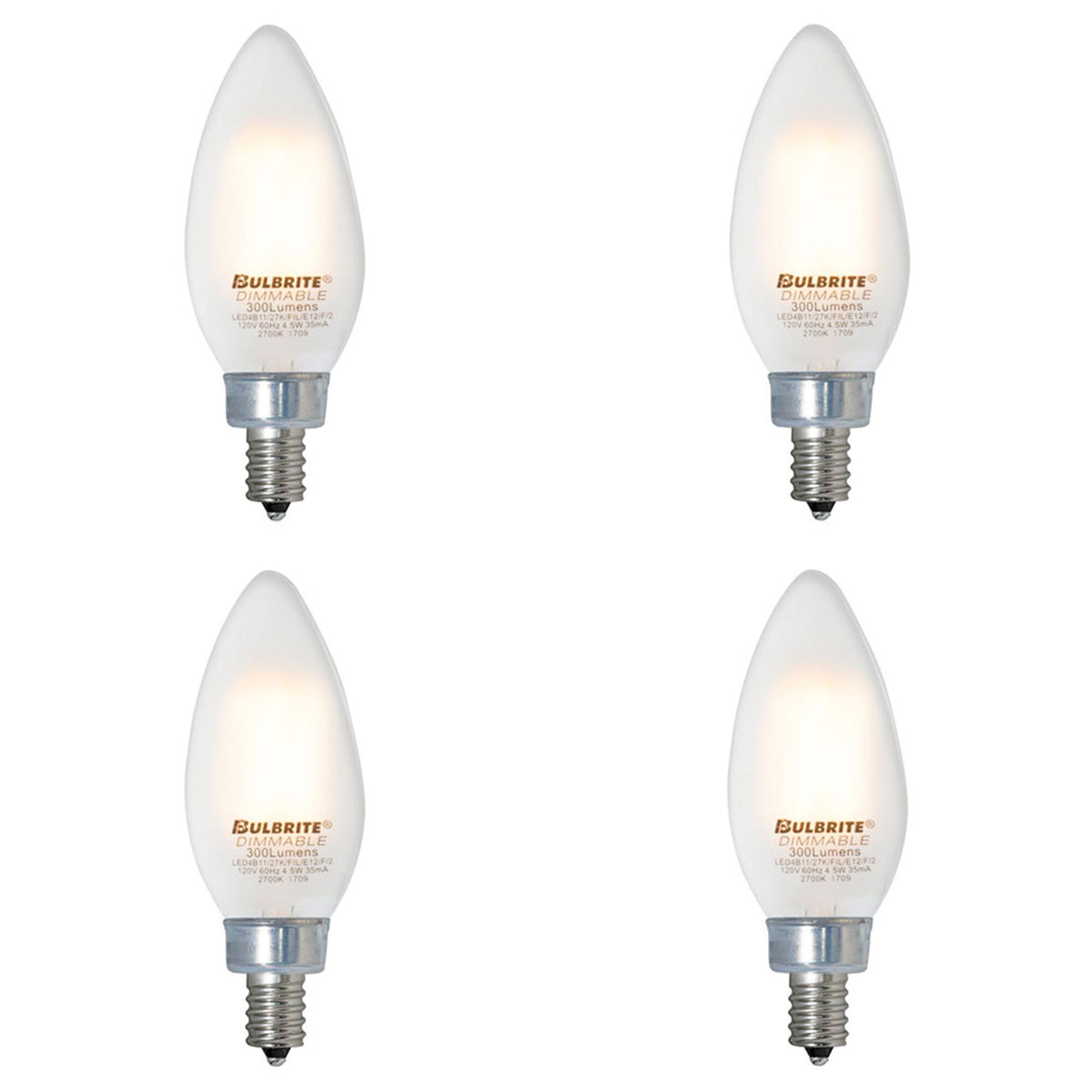 B11 4W Dimmable Milky Filament LED Light Bulb with E12 Base, 2700K, 300 Lumens, 4-Pack