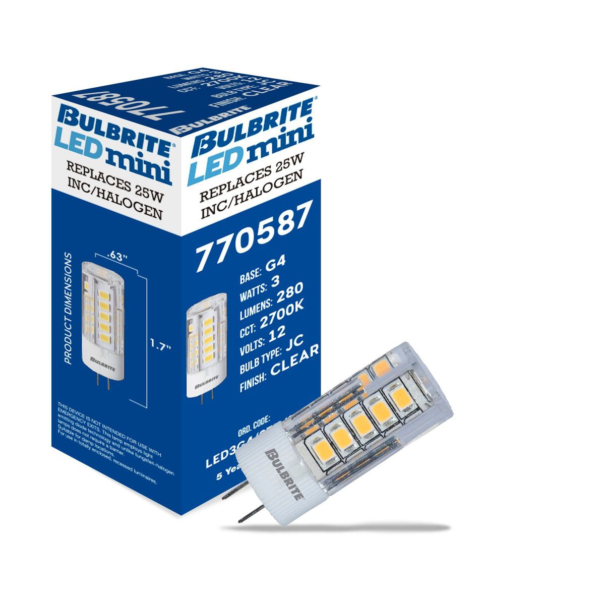 JC 3W Non-Dimmable Clear LED Light Bulb with G4 Base, 2700K, 280 Lumens, 12V, 3-Pack