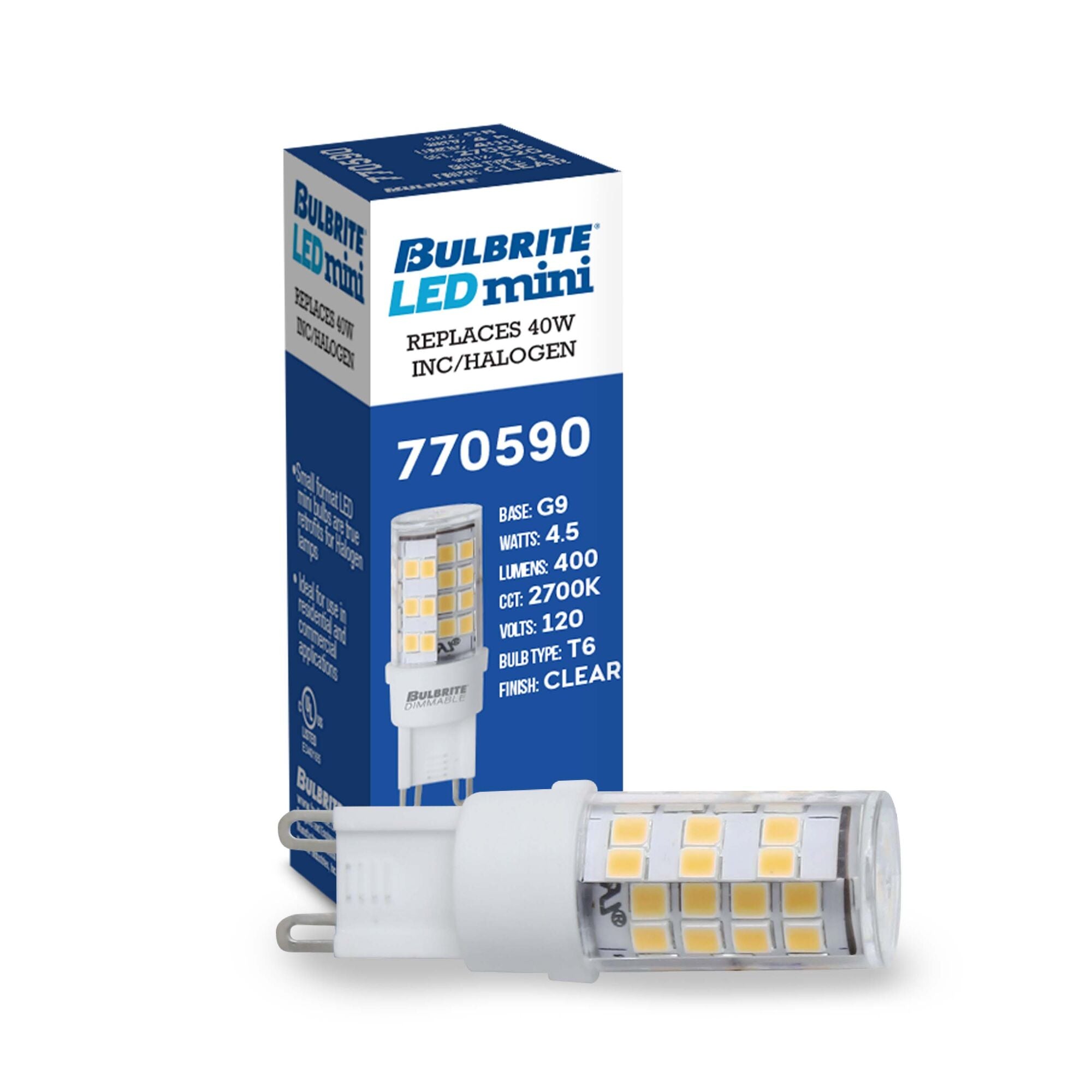 T6 4.5W Dimmable Clear LED Light Bulb with G9 Base, 2700K, 400 Lumens, 3-Pack