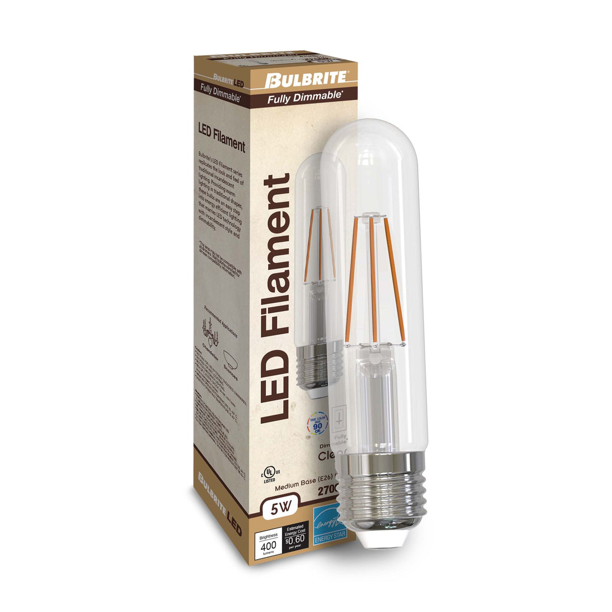 T9 5W Dimmable Clear Filament LED Light Bulb with E26 Base, 2700K, 400 Lumens, 2-Pack