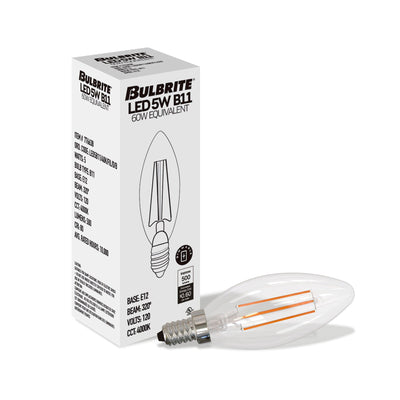 B11 5.1W Dimmable Clear Filament LED Light Bulb with E12 Base, 4000K, 500 Lumens, 4-Pack