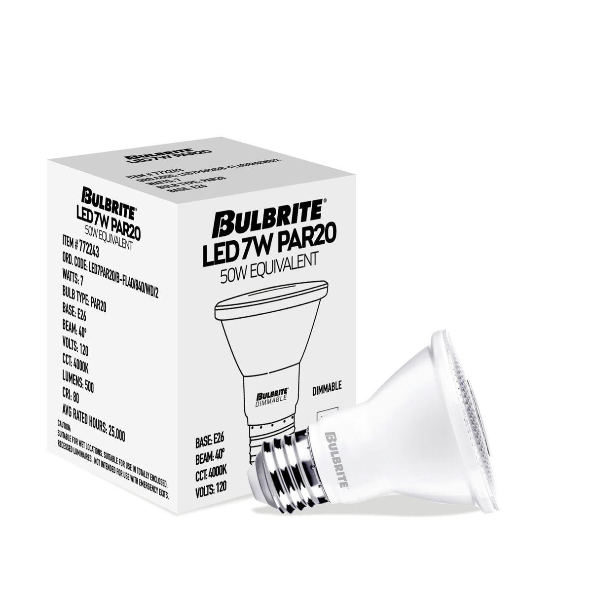 PAR20 7W Dimmable White LED Light Bulb with E26 Base, 4000K, 500 Lumens, Flood, 4-Pack